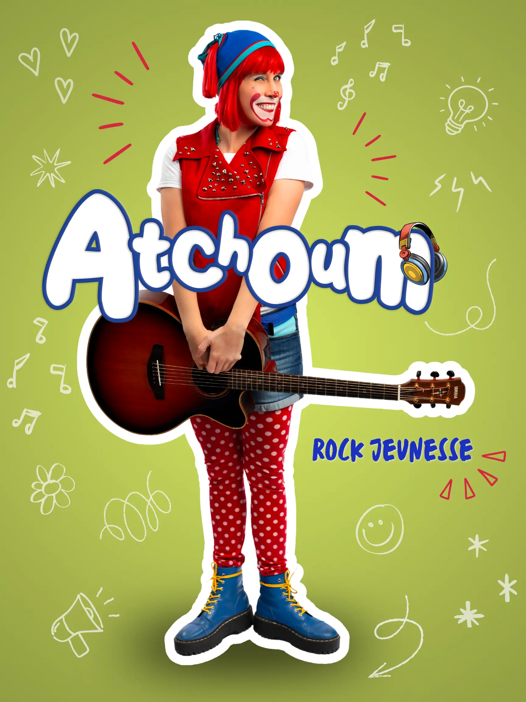 Affiche du spectacle jeunesse Atchoum — spectacle intime en centre de la petite enfance — avec la personnage Atchoum, une artiste aux cheveux rouges en tenue colorée à pois, tenant une guitare acoustique sur fond vert illustré de petits dessins enfantins.